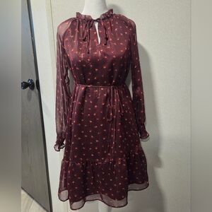 LOFT Burgundy/ Metallic Floral Long Sleeve Dress